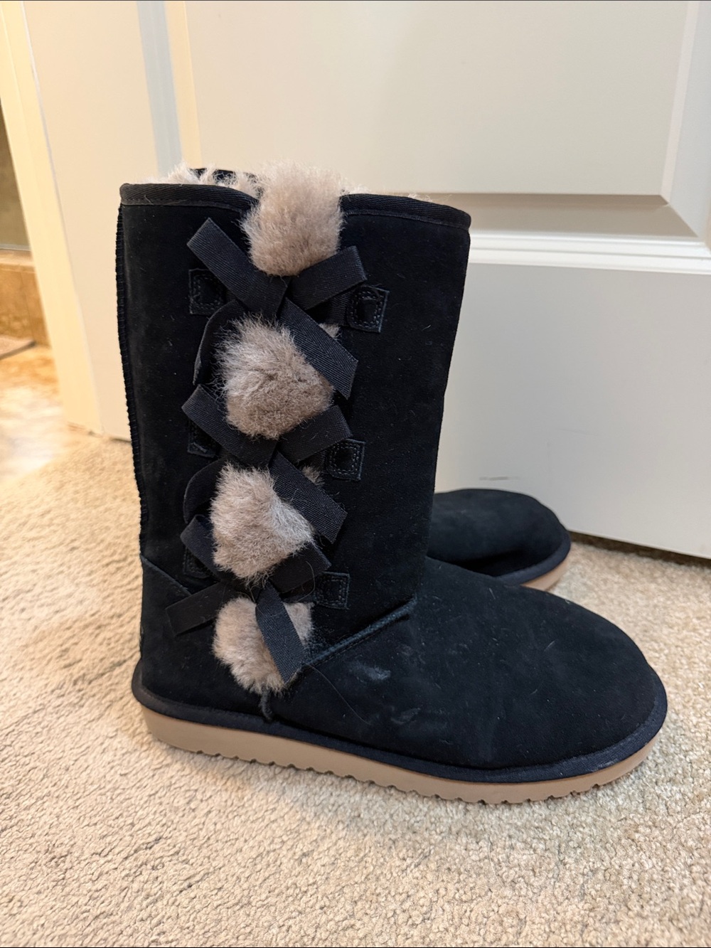 Koolaburra by UGG Black Suede Fur Pom-Pom Lace-Up Boots